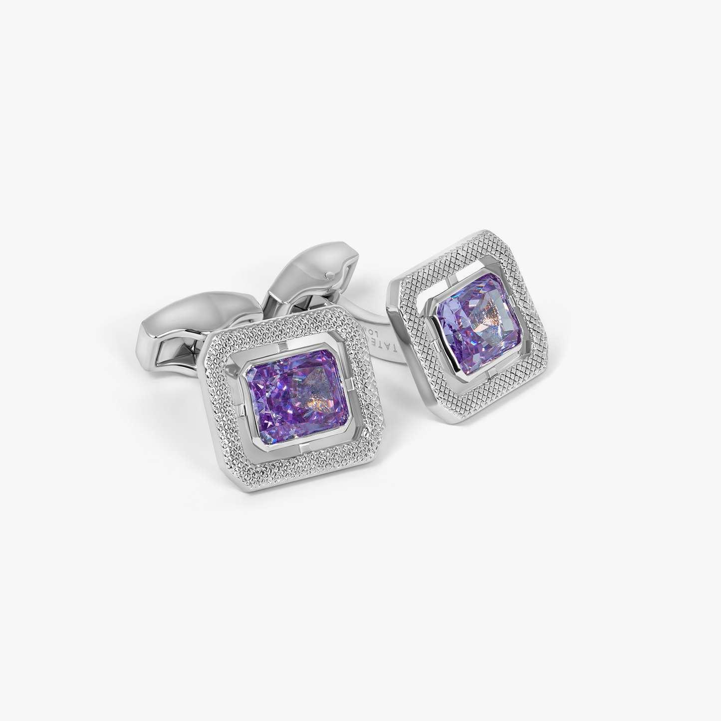 Halo Rectangular Cufflinks in Rhodium Plated with Lavender Cubic Zirconia