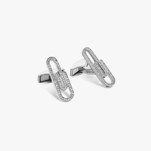 Paperclip cufflinks with white diamond in sterling silver