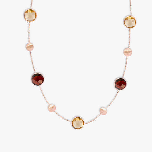 14K satin rose gold Kensington double stone necklace with garnet and citrine