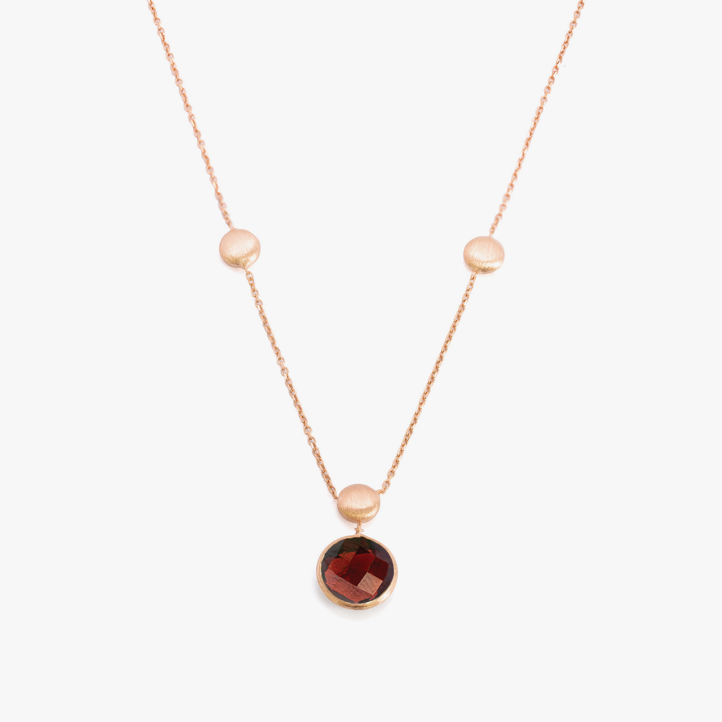 14K satin rose gold Kensington single stone necklace with garnet