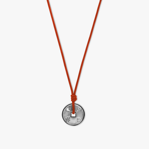 Lhasa Auspicious Coin Necklace In Red & Rhodium Plated Silver