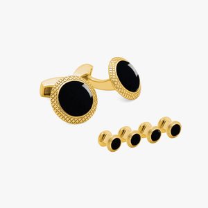 Bullseye Cufflinks And Studs Set With Black Onyx In Yellow Gold Plated