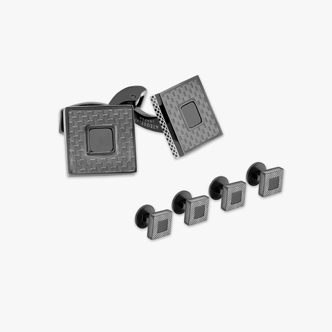 Carbon Ceramic Cufflinks And Studs Set In IP Black Plated