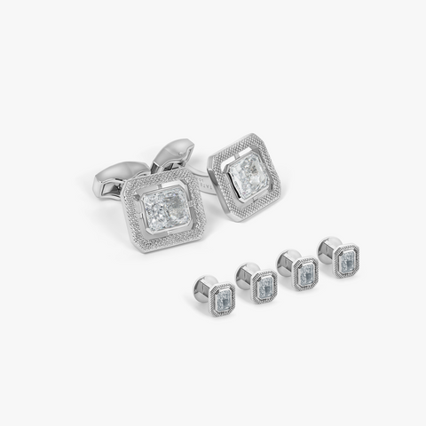 Halo Rectangular Cufflink and Shirt Studs in Rhodium Plated with Clear Cubic Zirconia