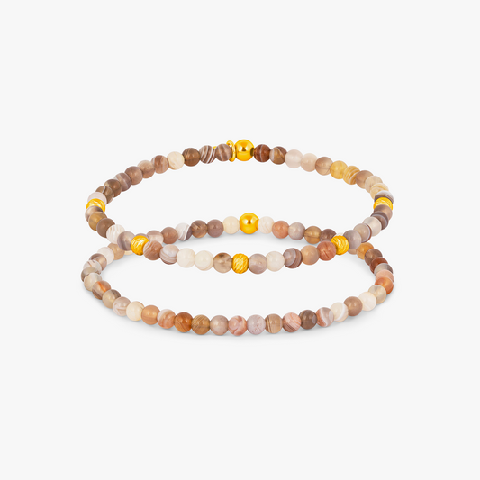 Graffiato Sennit Duo Beaded Bracelet Set in Yellow Gold Plated Silver with Grey Botswana Agate