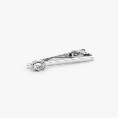 Halo Rectangular Tie Clip in Rhodium Plated with Clear Cubic Zirconia