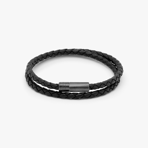 Pop Rigato Double Wrap Bracelet In Black Leather With Black Ruthenium Plated Silver