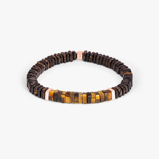 Legno bracelet in tiger eye, palm and ebony wood with rose gold plated sterling silver (UK) 1