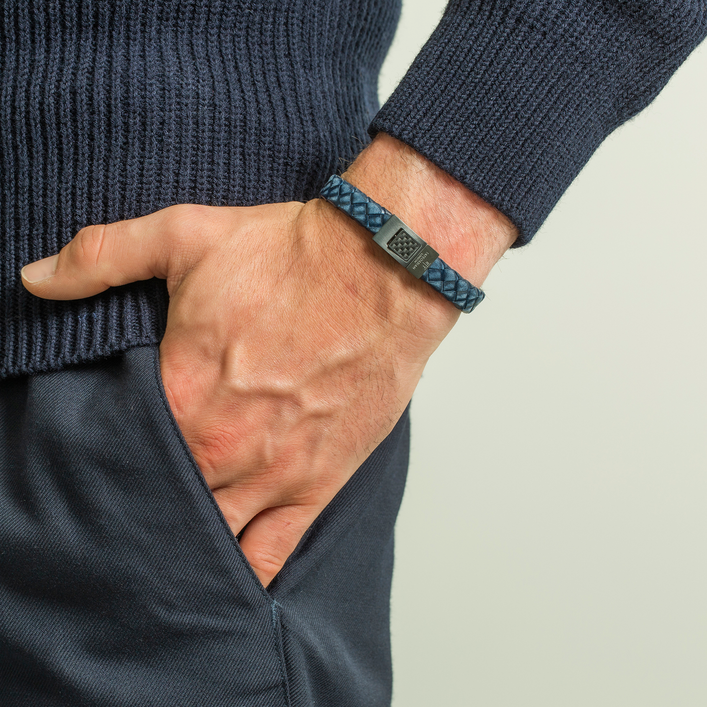 Carbon Woven bracelet in Italian navy leather with carbon fibre and stainless steel