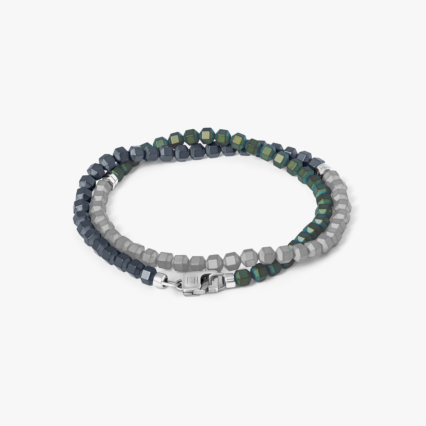 Green Rhodium Plated Silver Icosahedron Hematite Discs Bracelet