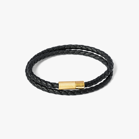 Pop Rigato Double Wrap Leather Bracelet In Black With 18K Yellow Gold Plated