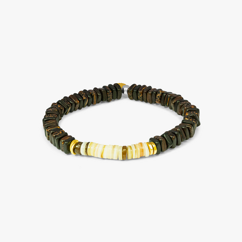 Legno Heishi Beaded Bracelet In Beige With Yellow Gold Plated
