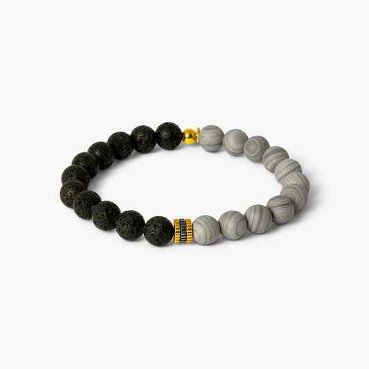 Gear Trio Beaded Bracelet With Lava Beads & Grey Wood Jasper