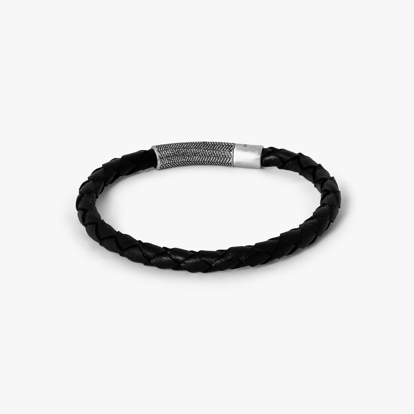 Herringbone Leather Bracelet In Black With Stainless Steel