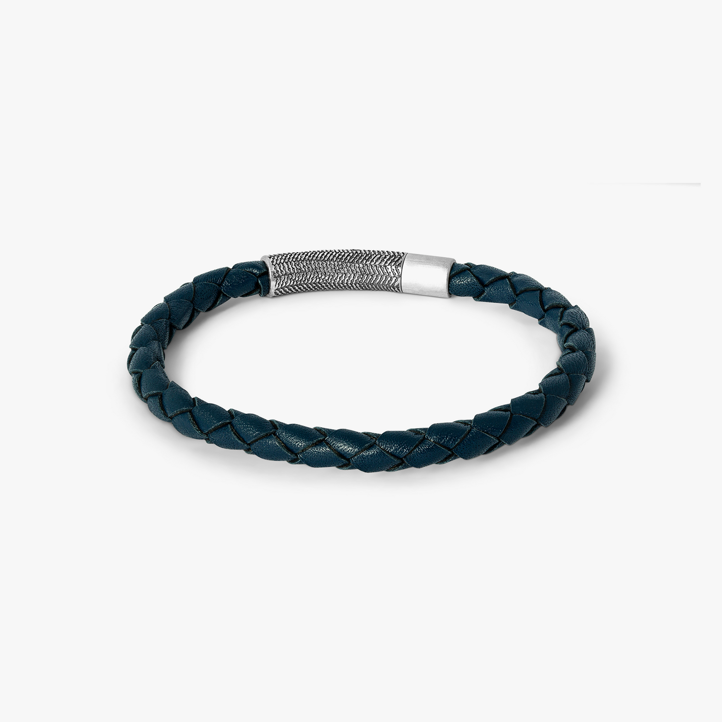 Herringbone Leather Bracelet In Navy With Stainless Steel