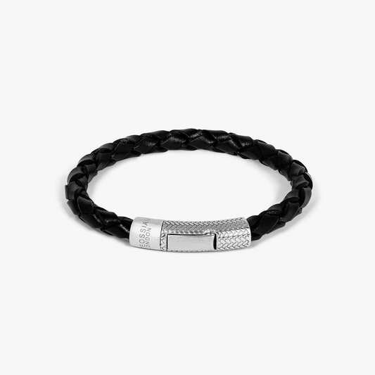 Herringbone Click Pelle Bracelet In Black Leather With Rhodium Plated Silver