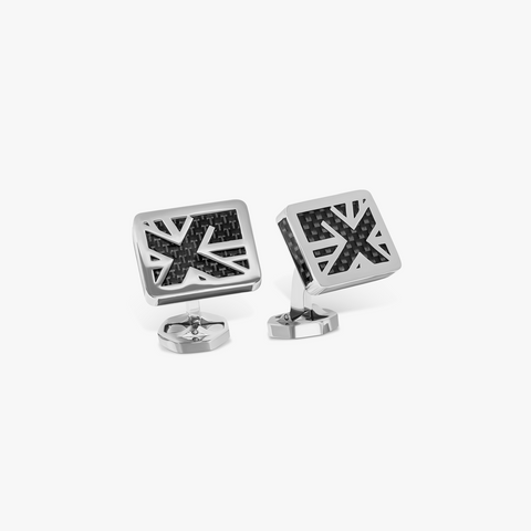 Union Jack Flag Cufflinks In Black Carbon Fibre With Stainless Steel