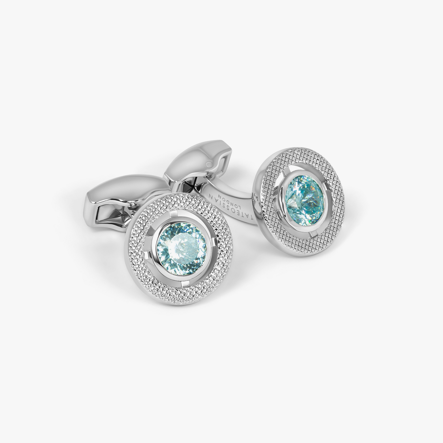 Halo Round CZ Cufflinks With Blue & Rhodium Plated