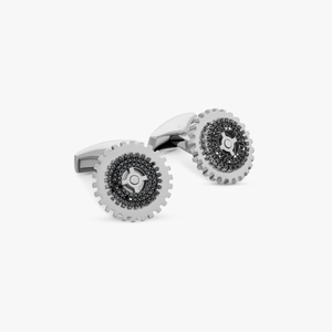 Rotating Gear cufflinks with black diamond in sterling silver