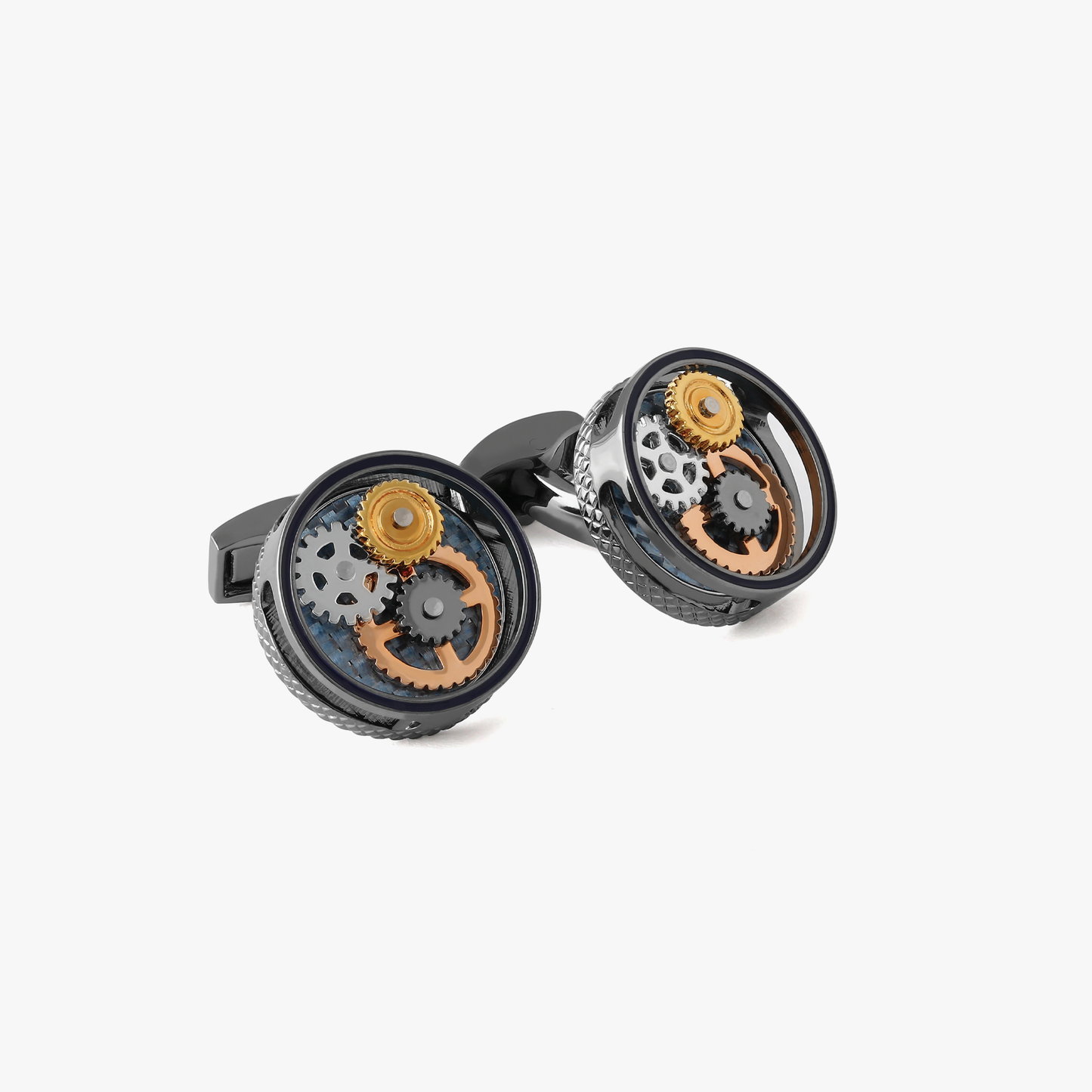 Round Gear Carbon Fibre Cufflinks In Gunmetal Plated