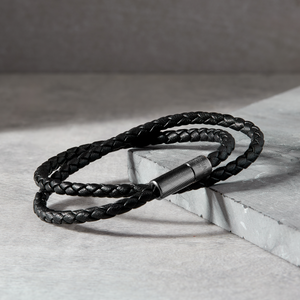 Pop Rigato Double Wrap Bracelet In Black Leather With Black Ruthenium Plated Silver