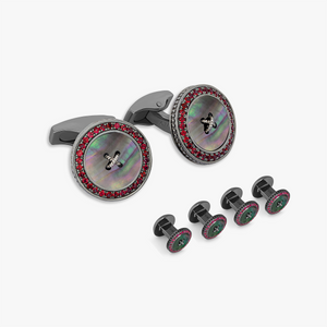 Precious Button cufflink stud set with black mother of pearl and rubies
