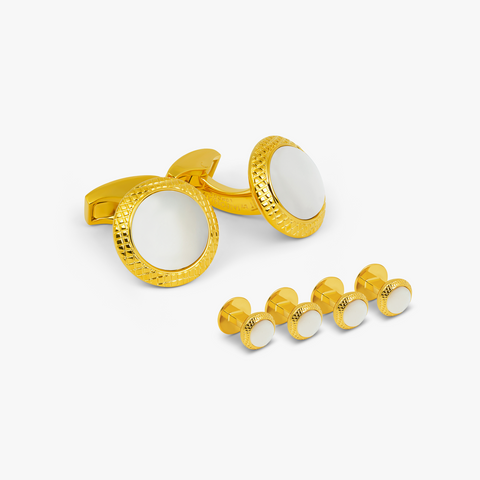 Bullseye Cufflinks And Studs Set With White Mother of Pearl In Yellow Gold Plated