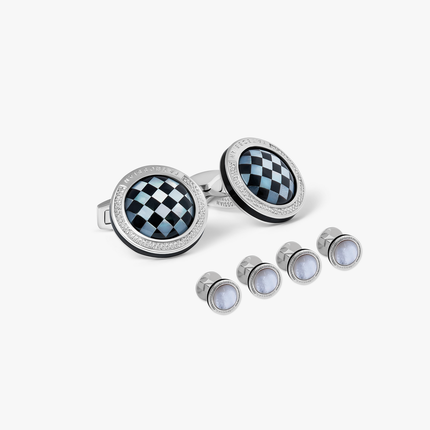 Silver Rhodium Plated White MOP Signature Round Cufflinks & Studs Set