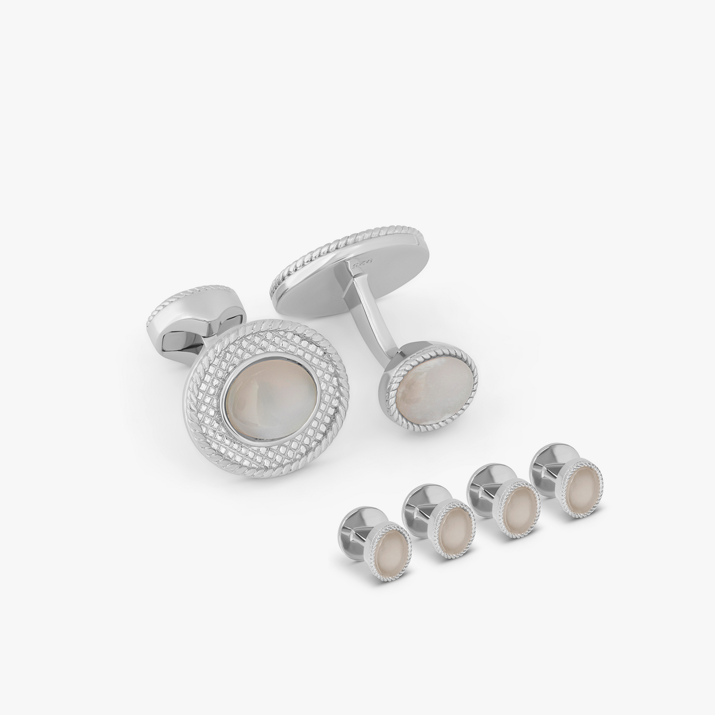 Cabochon Cufflinks And Studs Set With White Moonstone In Rhodium SilverÂ Â Â Â Â Â Â Â Â 