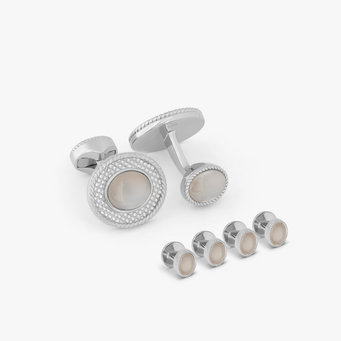 Cabochon Cufflinks And Studs Set With White Moonstone In Rhodium Silver         