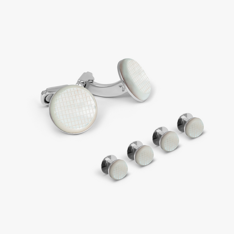 THOMPSON Woven Round Shirt Studs With White MOP And White Bronze