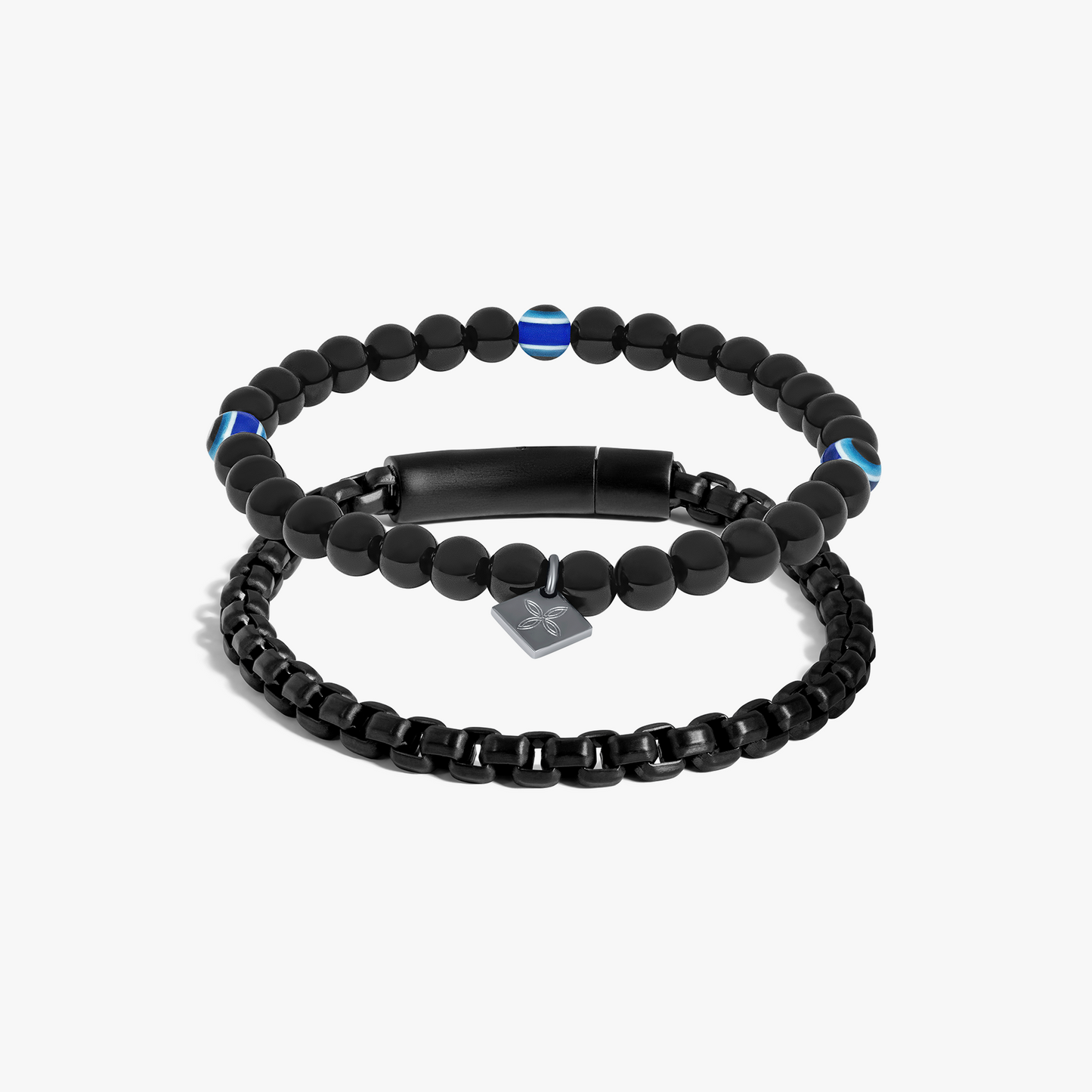 THOMPSON Black Stainless Steel Chain Evil Eye Duo Bracelet