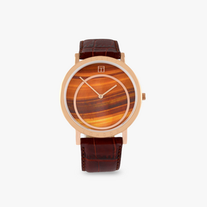 Prezioso Leather Watch In Brown With Tiger Eye And Rose Gold Plated Steel